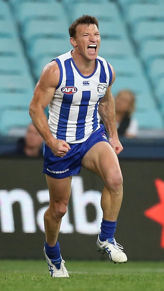 AFL 2015 First Semi Final - Sydney v North Melbourne SYDNEY, AUSTRALIA - SEPTEMBER 19: Brent Harvey of the Kangaroos kicks a goal during the 2015 AFL First Semi Final match between the Sydney Swans and the North Melbourne Kangaroos at ANZ Stadium, Sydney, Australia on September 19, 2015. (Photo by Craig Golding/AFL Media)